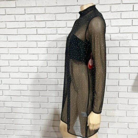 Eva Franco Long‑Sleeve Sheer Mesh Rhinestone Tunic Top, Size M — Statement Layer - Picture 9 of 16